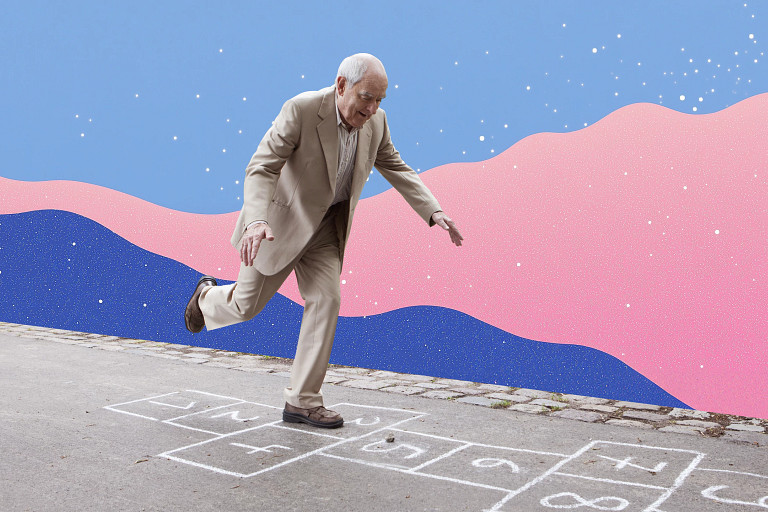 An older person in a beige suit plays hopscotch on a paved surface, balancing on one foot. The background features a colorful abstract design with pink and blue waves and scattered white dots resembling stars.