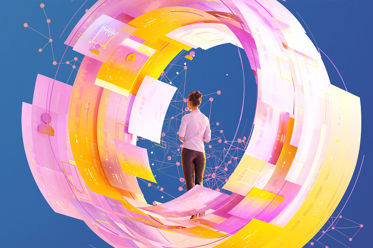 A person stands inside a glowing, circular structure made of vibrant pink and yellow digital panels, surrounded by interconnected nodes and lines, symbolizing technology, data, and innovation against a deep blue background.