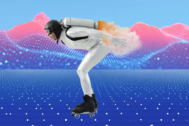 A person in a silver futuristic outfit and helmet roller skates across a digital landscape with a jetpack emitting orange smoke. The background features vibrant pink and blue undulating dotted waves, evoking a sci-fi or virtual reality aesthetic.