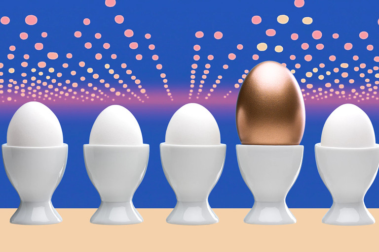 A row of white eggs in white egg cups against a blue background. One egg is shiny gold, standing out in the center. The background features soft, glowing dots, creating a festive feel. The image symbolizes uniqueness among the ordinary.