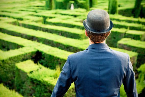 The image shows the back view of a person wearing a navy blue suit and a black bowler hat, standing in a lush, green garden with a maze-like hedgerow in the background.
