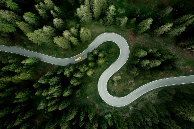 Road through forest from above