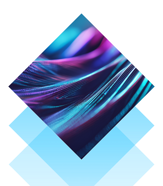 Three blue diamond shapes on top of each other, with the top one an abstract purple and blue image